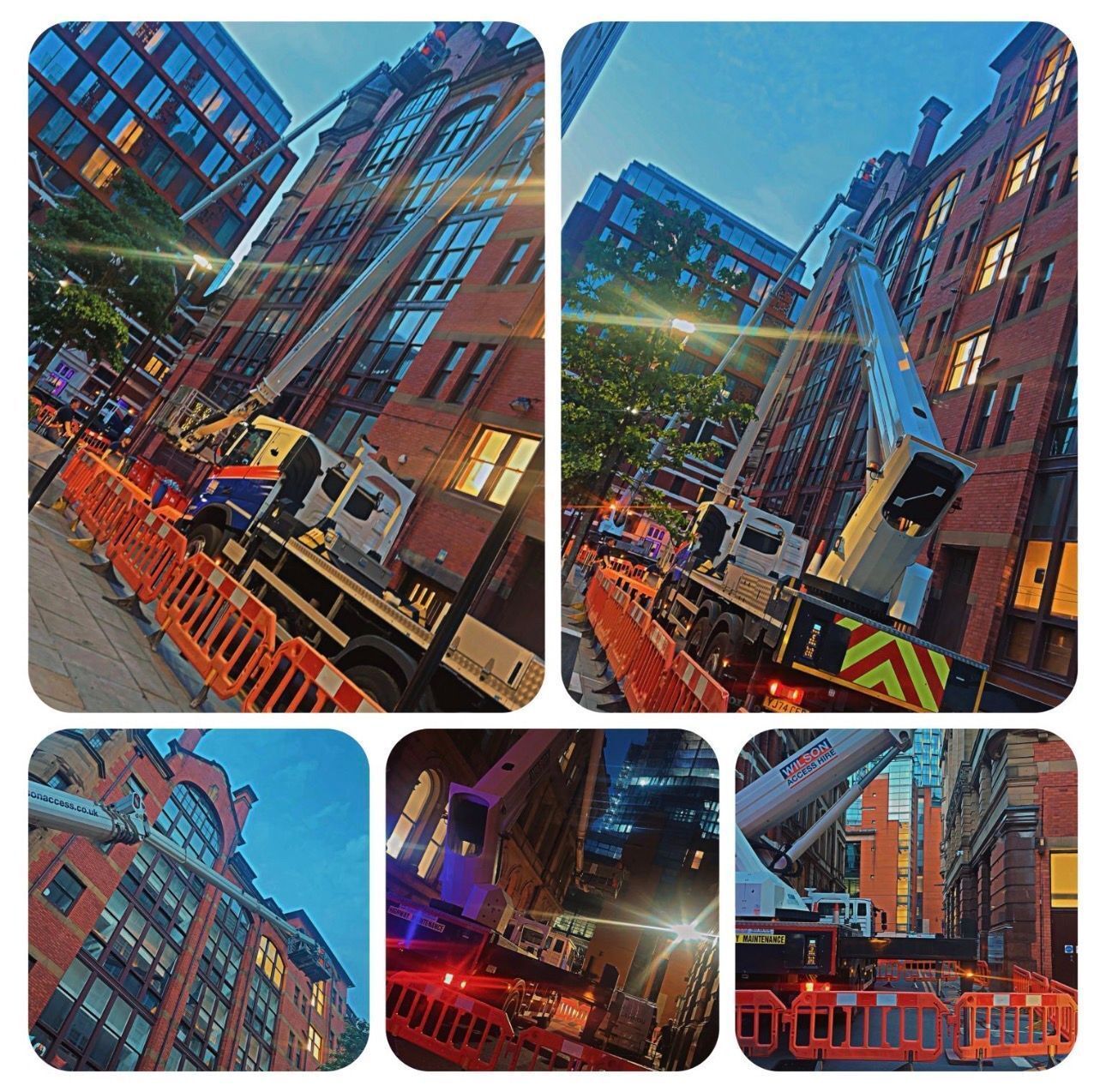 Collage of truck-mounted access platforms working behind barriers between tall Deansgate buildings at night